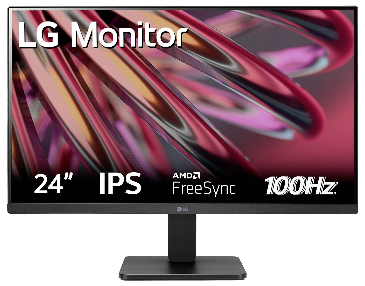 Monitor LG posizionato, mostra uno schermo IPS con AMD FreeSync e 100 Hz; diagonale dello schermo di 24 pollici.