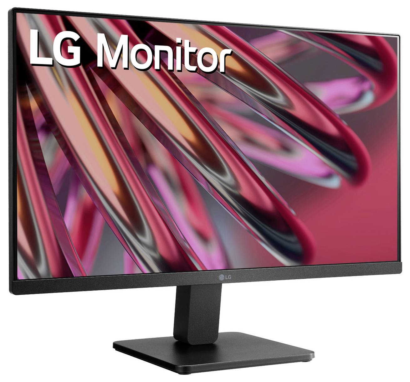 Un monitor LG mostra un design moderno, astratto in rosso e rosa con forme riflettenti intrecciate tra loro.