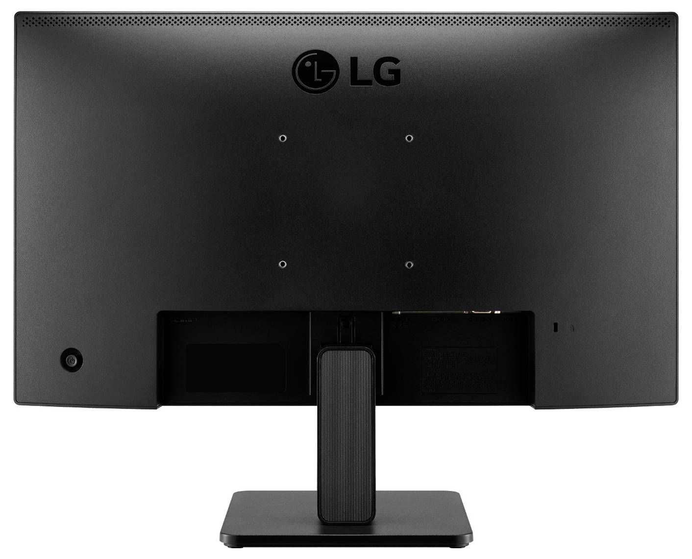 Un monitor nero LG, vista posteriore, poggiante su un supporto rettangolare.