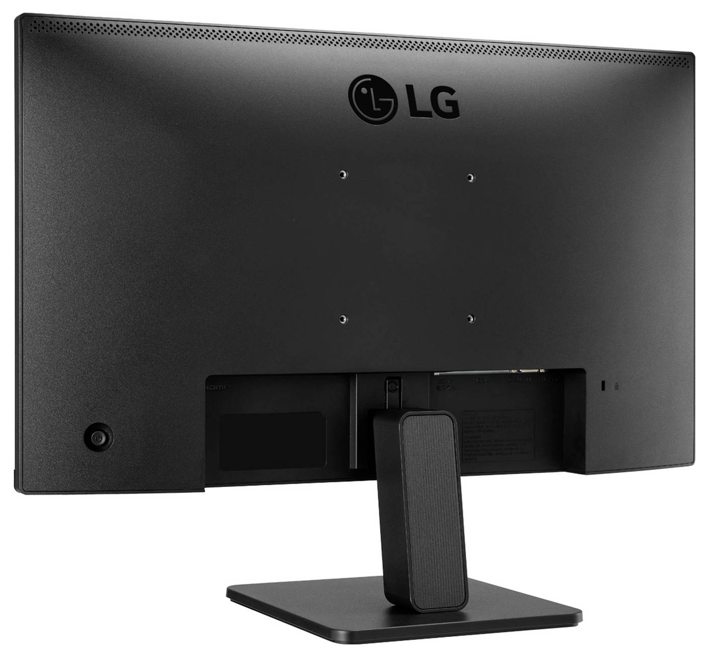 Veduta posteriore di un monitor nero LG con base rettangolare, visibile il logo LG e diversi porte di connessione.