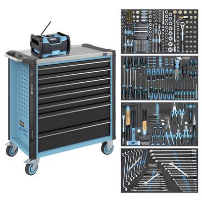 Carrello portautensili Hazet blu e nero con cassetti e una radio portatile, mostrato con tre organizzatori inseriti di chiavi inglesi assortite, cacciaviti, pinze e bussole.