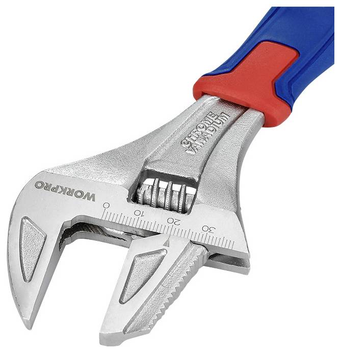 Chiave inglese regolabile in argento con impugnature blu e rosse, con il marchio 'Workpro' inciso.