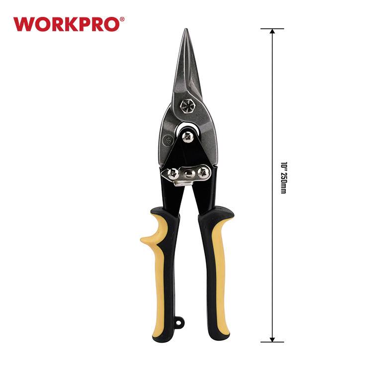 Una cesoia per lamiera WorkPro, lunga 254 mm, con impugnature ergonomiche in nero e giallo, mostra una scala graduata accanto.