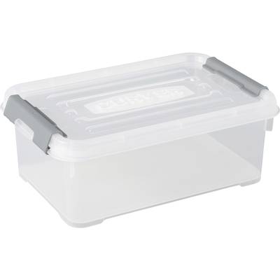 Una scatola di plastica trasparente con chiusure grigie, chiusa.