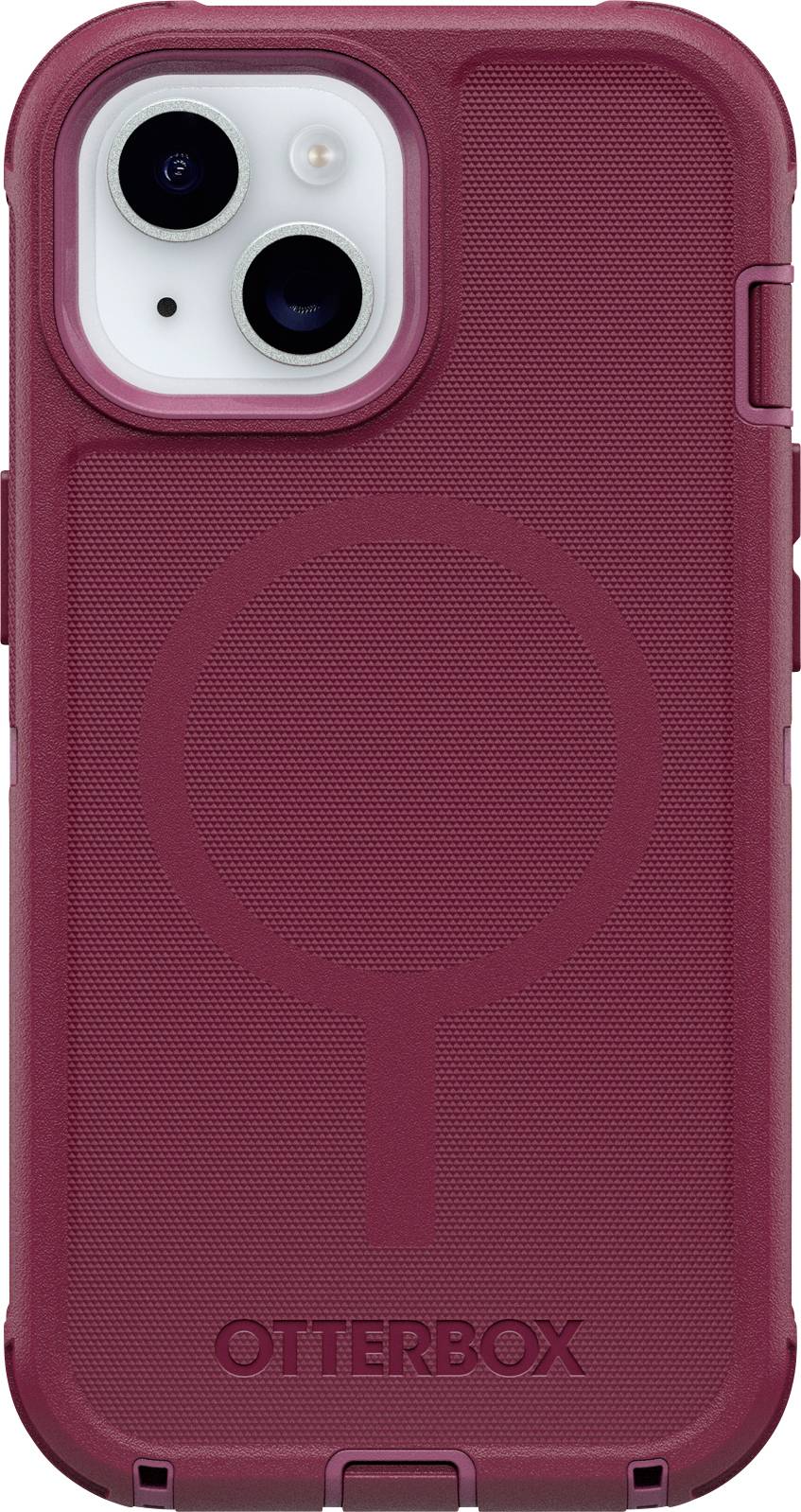 Una custodia rossa per cellulare del marchio Otterbox, adatta per uno smartphone con due fotocamere, offre una protezione robusta.