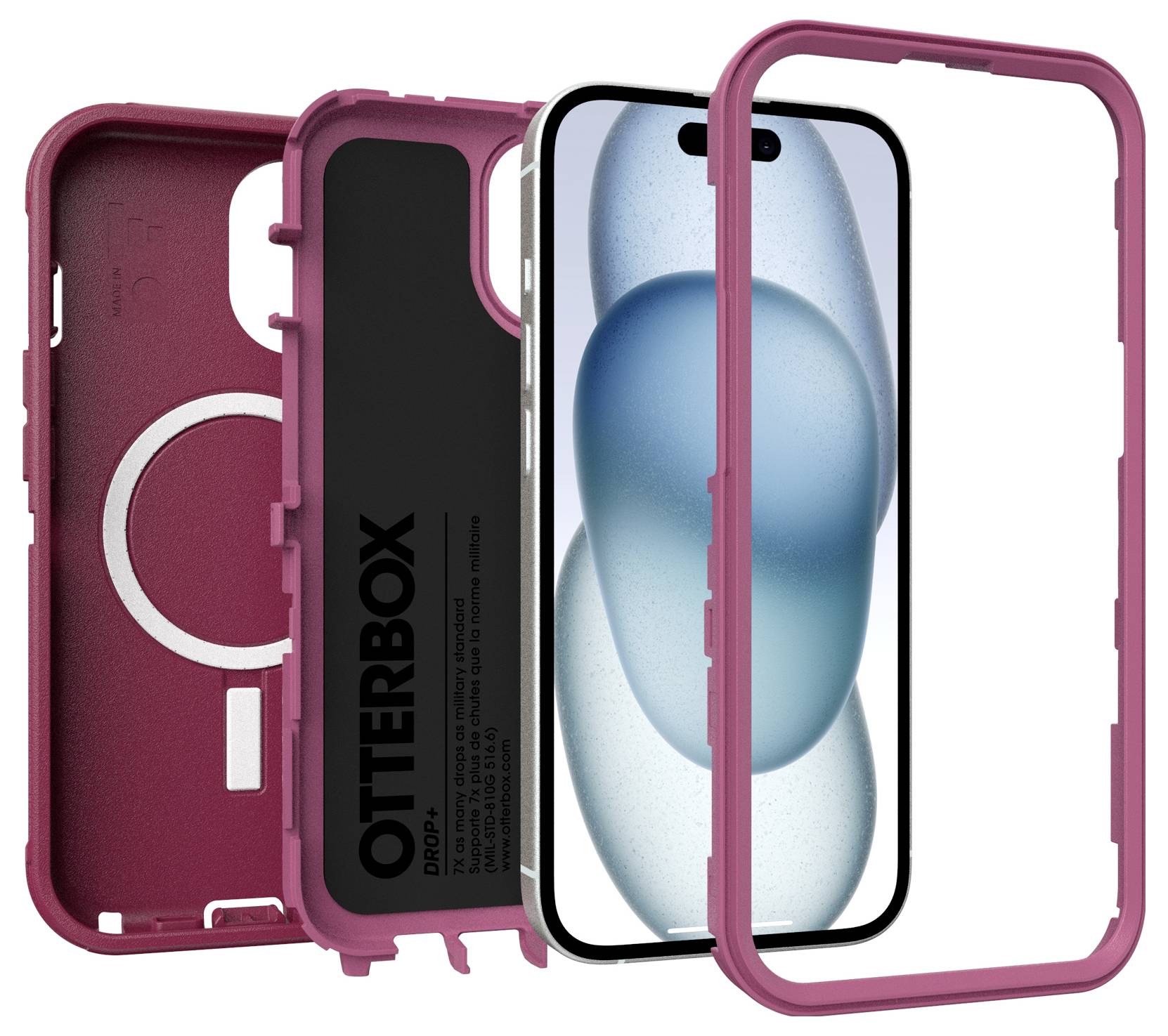 Smartphone rosa con custodia OtterBox, composto da retro, imbottitura e cornice con vista dello schermo. Protezione contro urti e graffi.