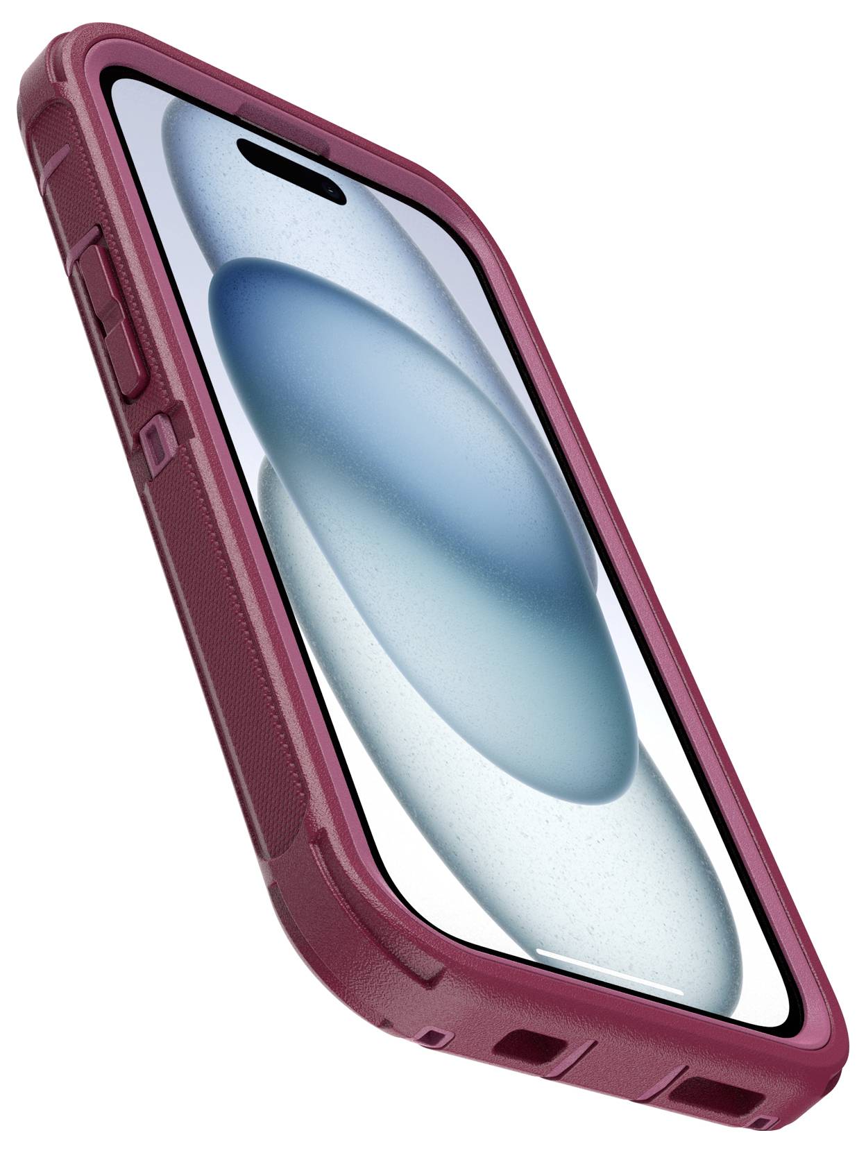 Smartphone con custodia rossa, schermo che mostra forme astratte blu. Dispositivo in orientamento verticale leggermente inclinato di lato.