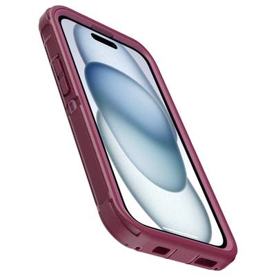 Smartphone con custodia rossa, schermo che mostra forme astratte blu. Dispositivo in orientamento verticale leggermente inclinato di lato.