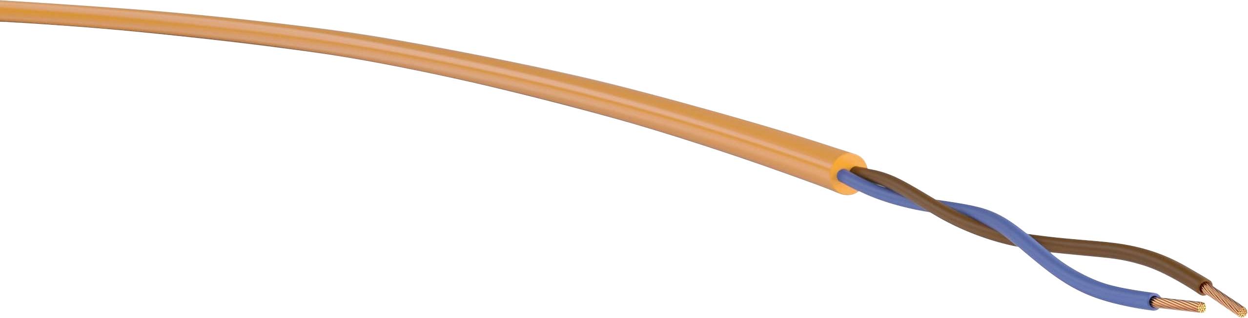 Un cavo elettrico arancione con due conduttori isolati, blu e marrone, è parzialmente spellato per esporre i fili.