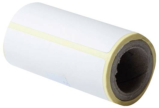 Un rotolo di etichette adesive bianche vuote, parzialmente srotolato, con il nucleo interno di cartone marrone visibile.