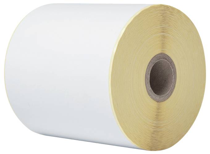 Un grande rotolo di carta bianco con un nucleo interno marrone, visto da un angolo.