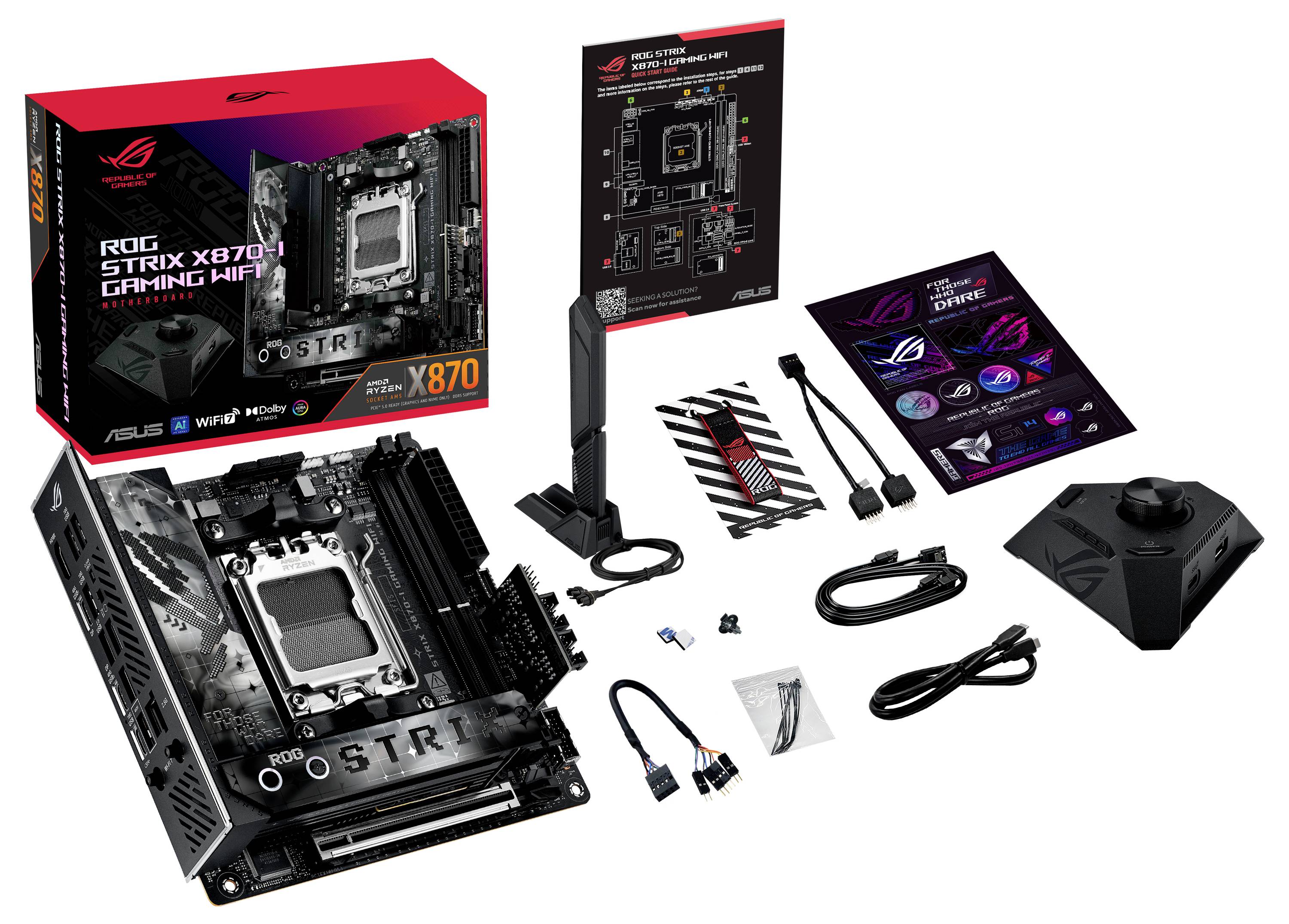 Immagine principale mostra la scheda madre ROG STRIX X670E Gaming-WiFi con confezione, antenna, cavi e accessori per l'assemblaggio del PC.