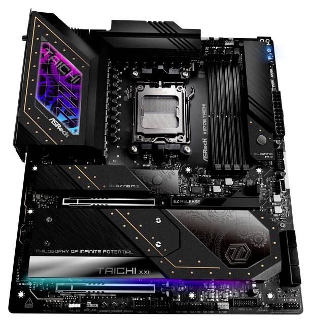 'Scheda madre ASRock TAICHI X670E nera con design futuristico, display LED integrato e componenti etichettate.'