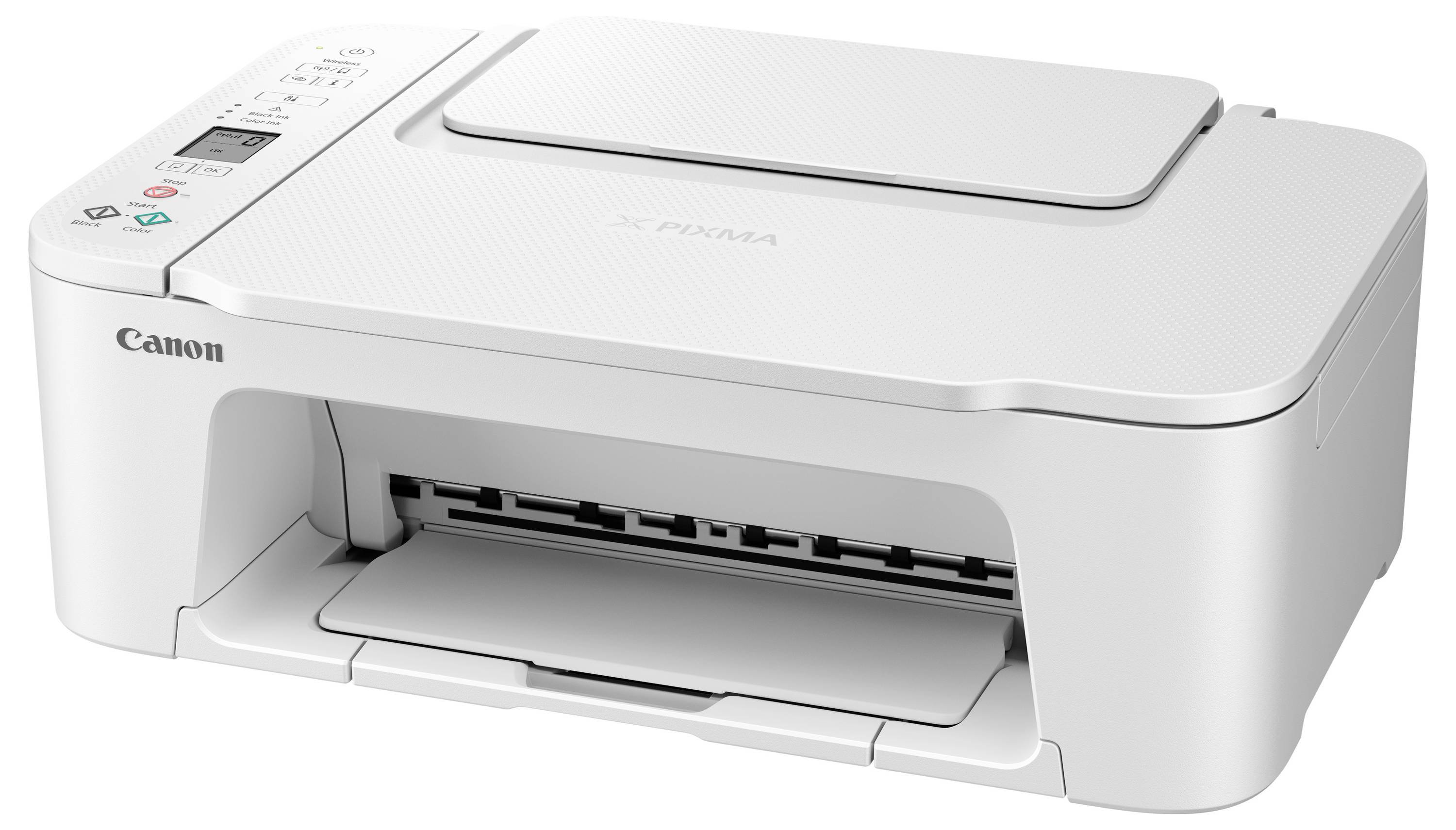 Stampante Canon PIXMA in bianco, modello da tavolo con funzione di scansione e copia. Pannello di controllo in alto a sinistra con tasti e display.