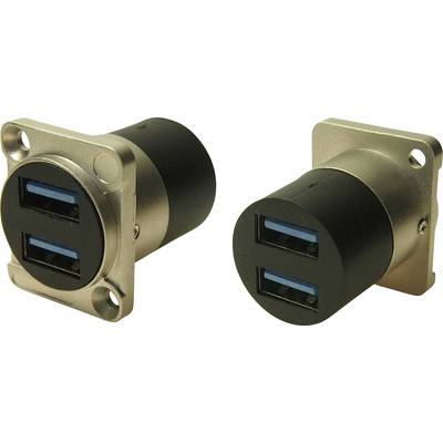 Due connettori USB metallici a doppia interfaccia, di forma cilindrica, con lati interni blu, idonei per il fissaggio a parete o su dispositivi.