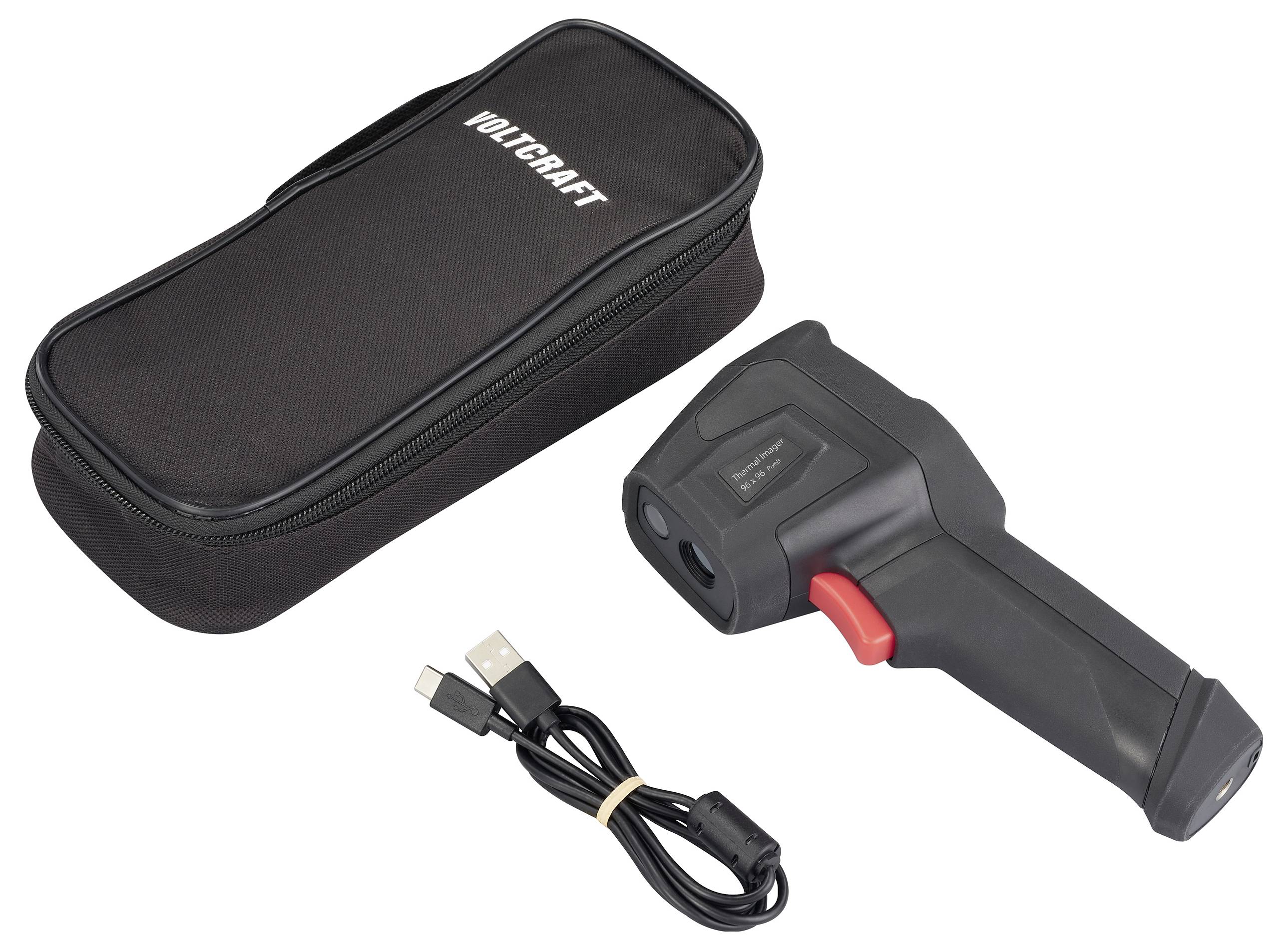 Termometro a infrarossi con custodia nera, cavo USB e scritta "Voltcraft". Ideale per misurare la temperatura senza contatto.