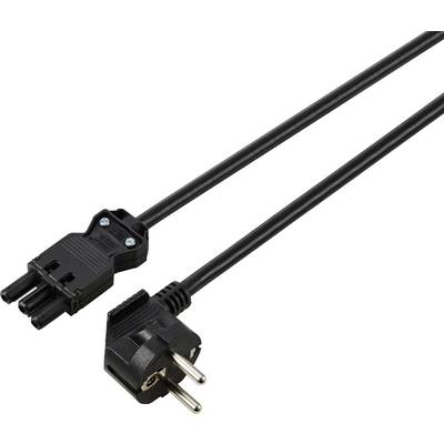 Un cavo di rete nero con spina Schuko e connettore C5 a trifogli, adatto per laptop e dispositivi simili.