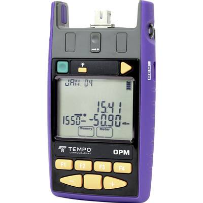 Un misuratore ottico di potenza visualizza sul display '1541 nm' e '-50.90 dBm'. Sono presenti diversi tasti funzione.