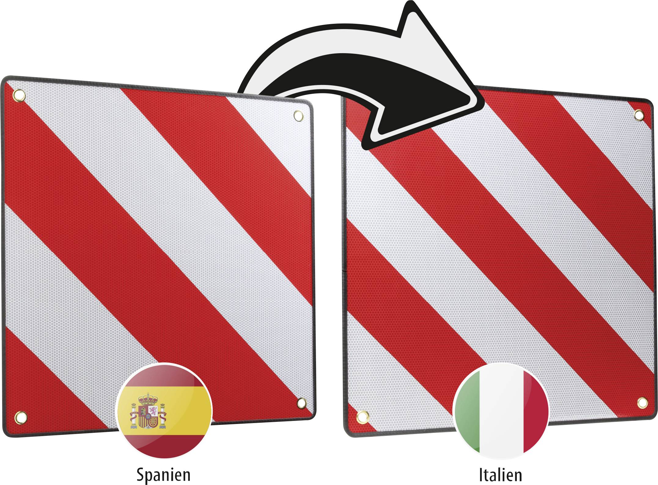 Due cartelli di avvertimento rosso-bianchi; a sinistra: Spagna, a destra: Italia. Una freccia indica dal cartello spagnolo a quello italiano.