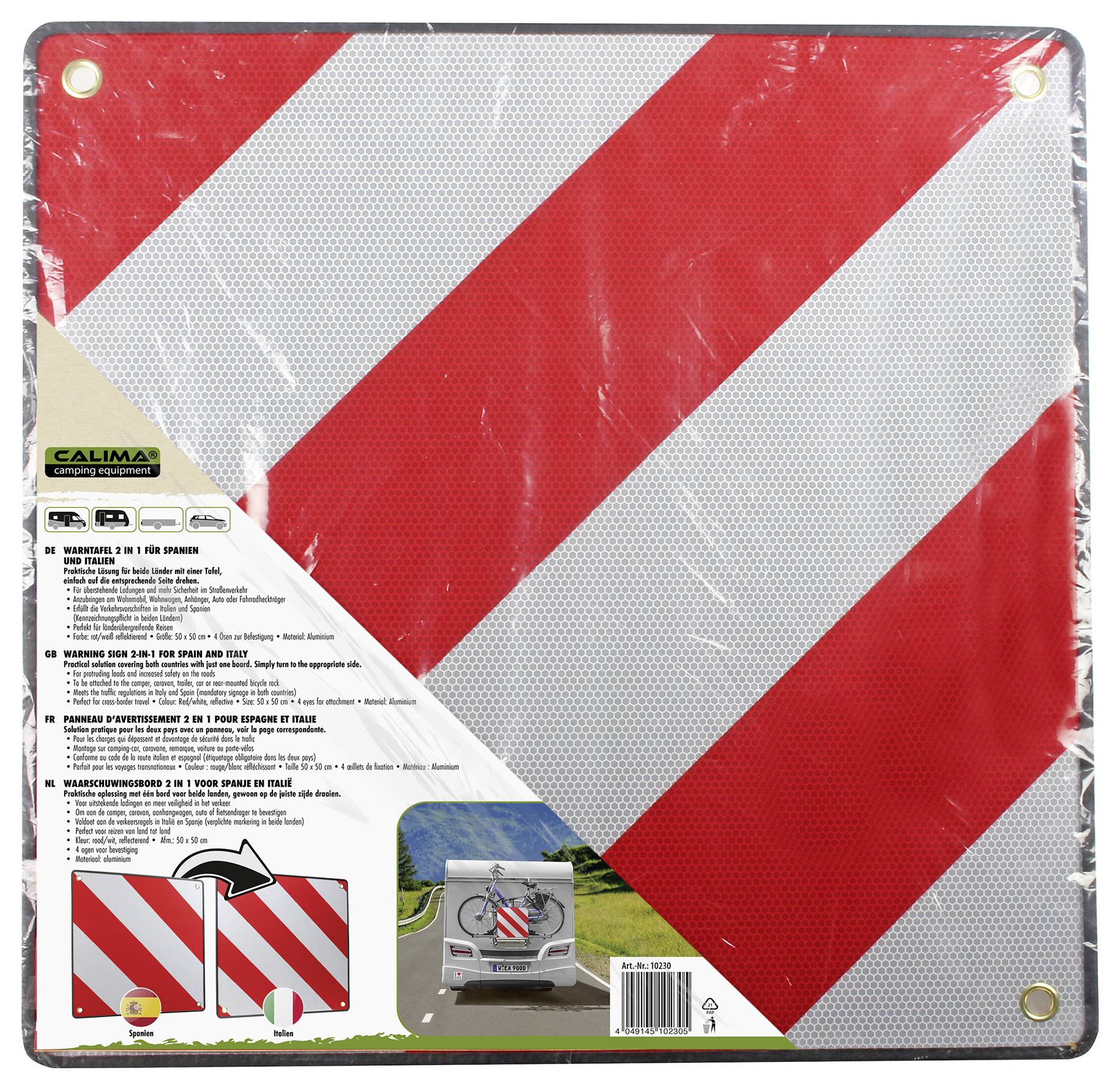 Cartello di avvertimento con strisce diagonali rosse e bianche, idoneo per contrassegnare il carico sporgente sui veicoli. Contiene informazioni di montaggio.