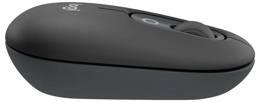 Mouse wireless nera, vista laterale. Mostra la rotella di scorrimento e il logo. Design ergonomico per un utilizzo confortevole.