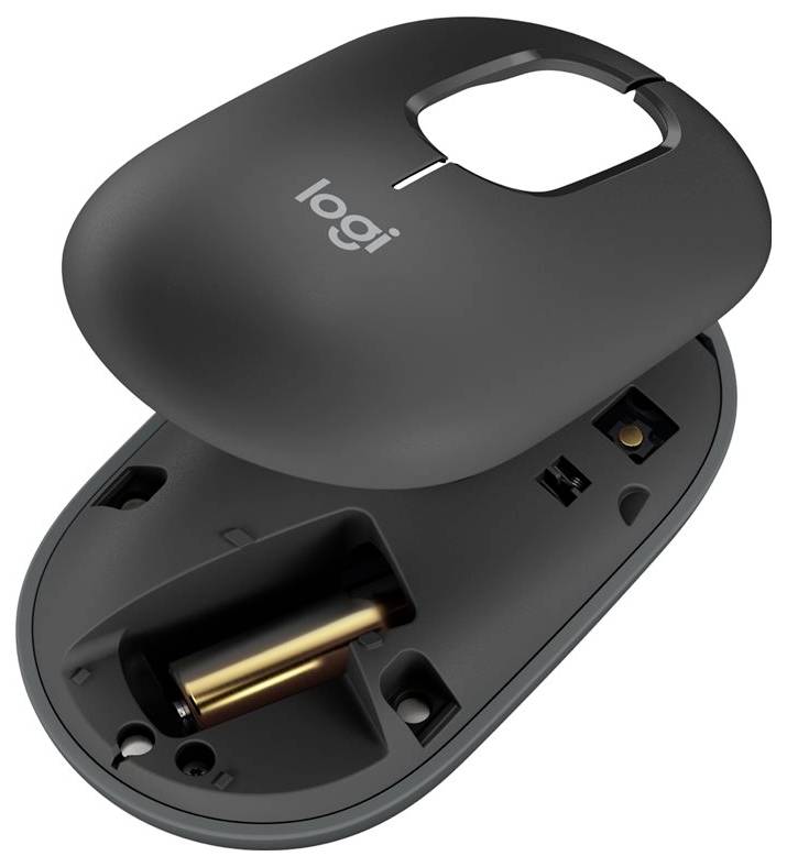 Mouse wireless con coperchio rimosso; mostra il vano batterie e la scritta 'logi' sulla parte superiore.