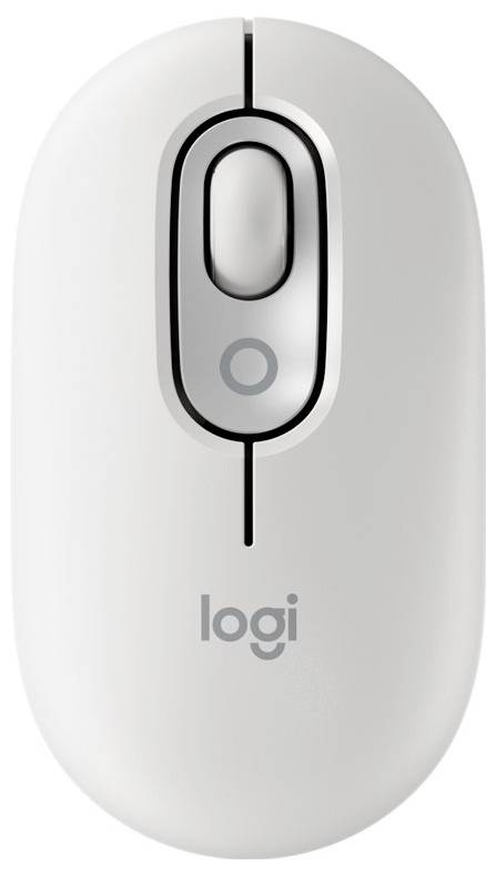 Mouse bianca wireless con design liscio e tasti distintivi, logo del marchio visibile nella parte inferiore.