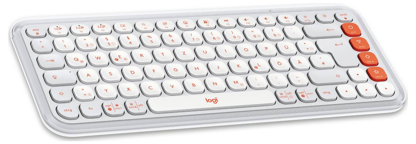 Tastiera bianca wireless con layout compatto; i tasti rossi sono dedicati a funzioni speciali.