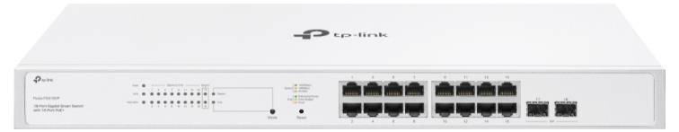 Un switch TP-Link bianco con 16 porte Ethernet e indicatori di stato. Utilizzato per connettere più dispositivi all'interno di una rete.