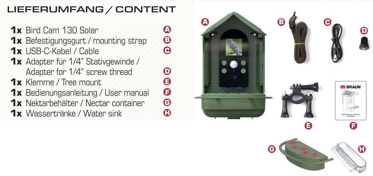 'Contenuto della confezione: 1x Bird Cam, 1x Cinghia di fissaggio, 1x Cavo USB-C, 1x Adattatore, 1x Morsetto, Manuale di istruzioni, Contenitore per nettare, Abbeveratoio.'