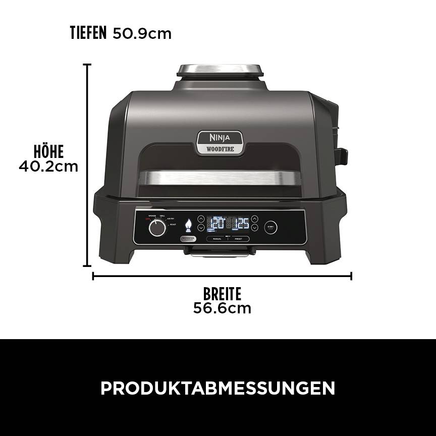 Un barbecue nero da cucina del marchio Ninja, modello Woodfire, con comandi digitali. Dimensioni: larghezza 56,6 cm, altezza 40,2 cm, profondità 50,9 cm.
