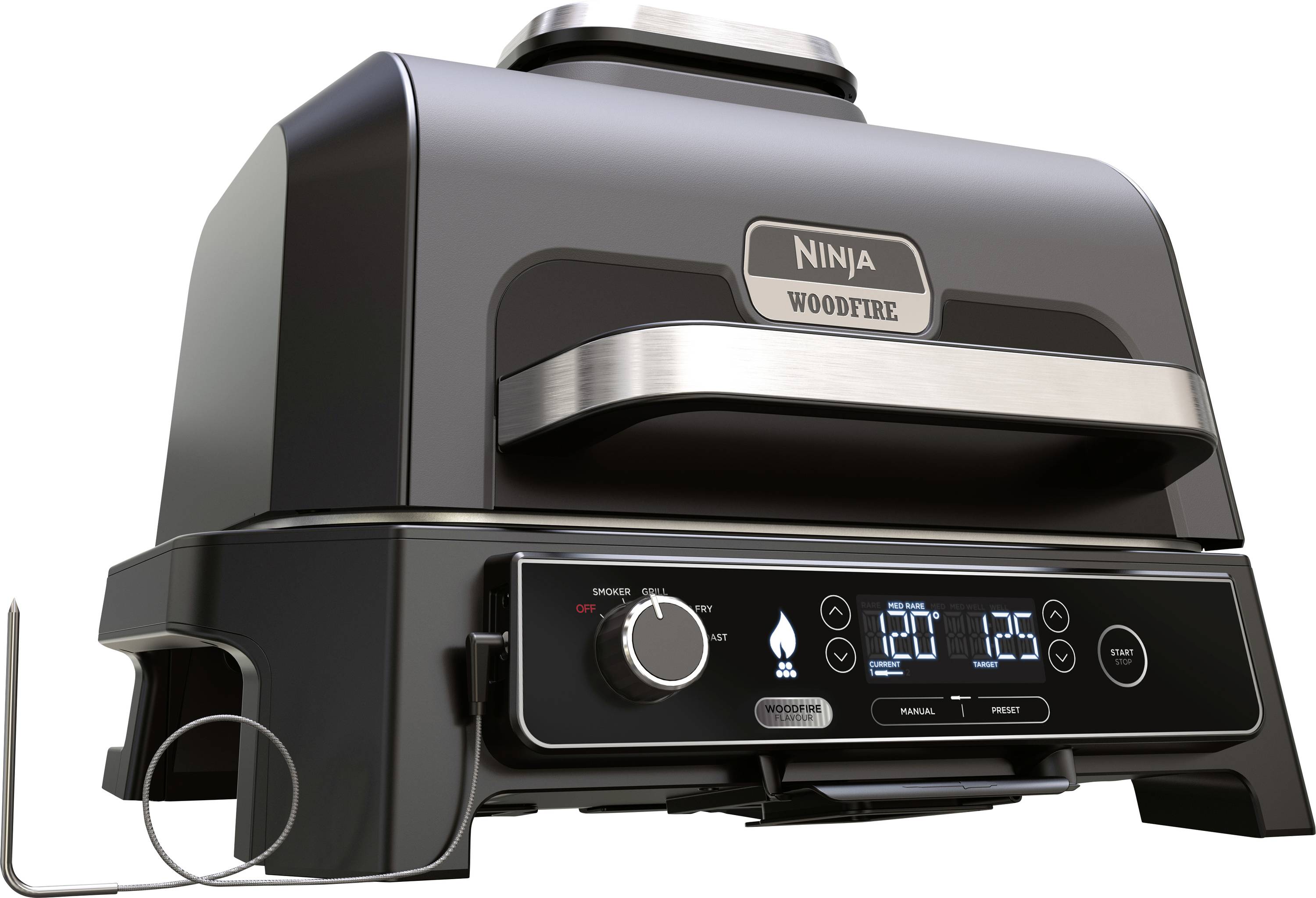 Un moderno barbecue nero con la scritta 'Ninja Woodfire'. Il grill ha display digitali e comandi sul lato frontale.