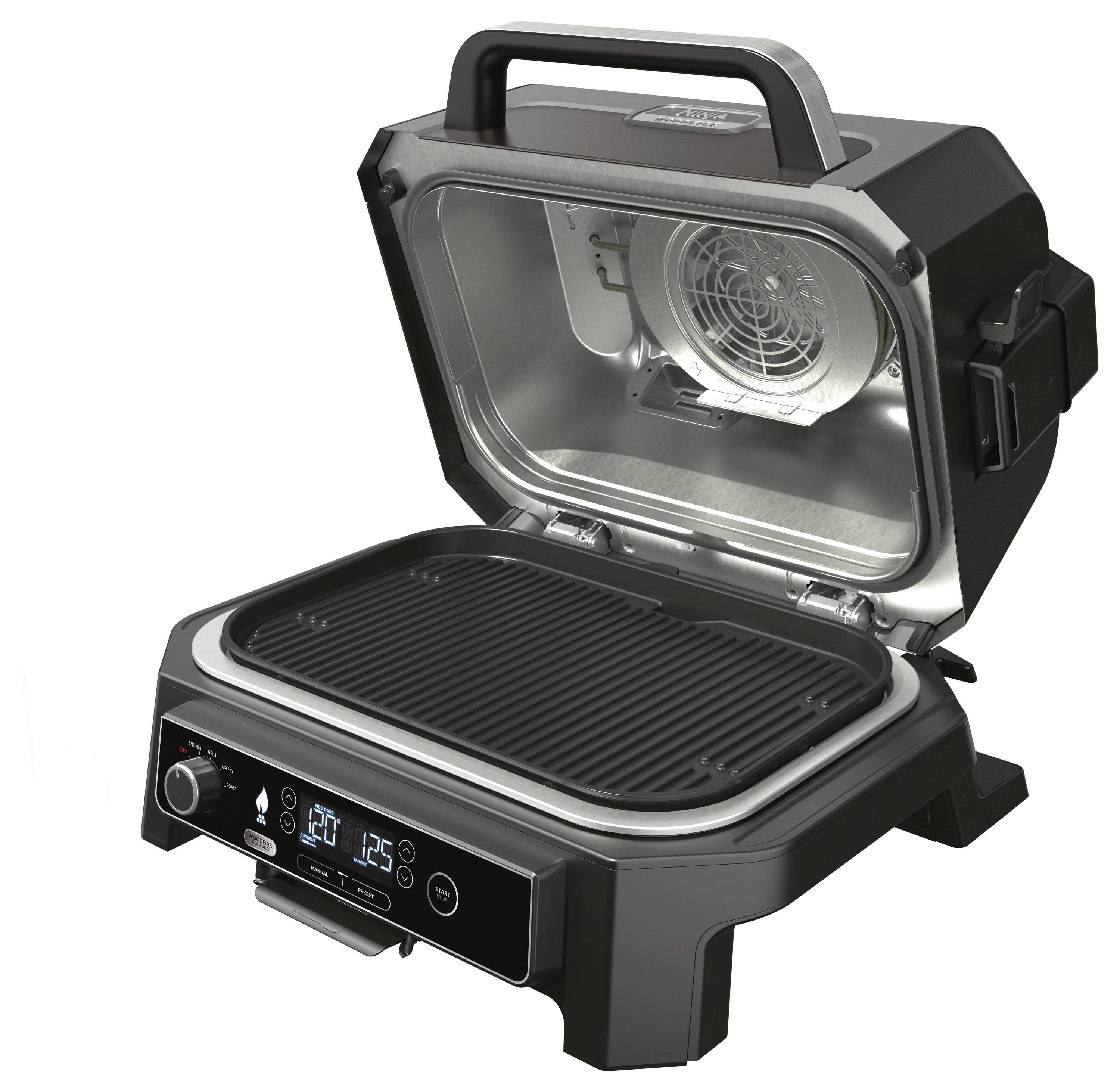 Un barbecue elettrico aperto con ventilatore integrato e display digitale. Ideale per grigliare senza contatto.