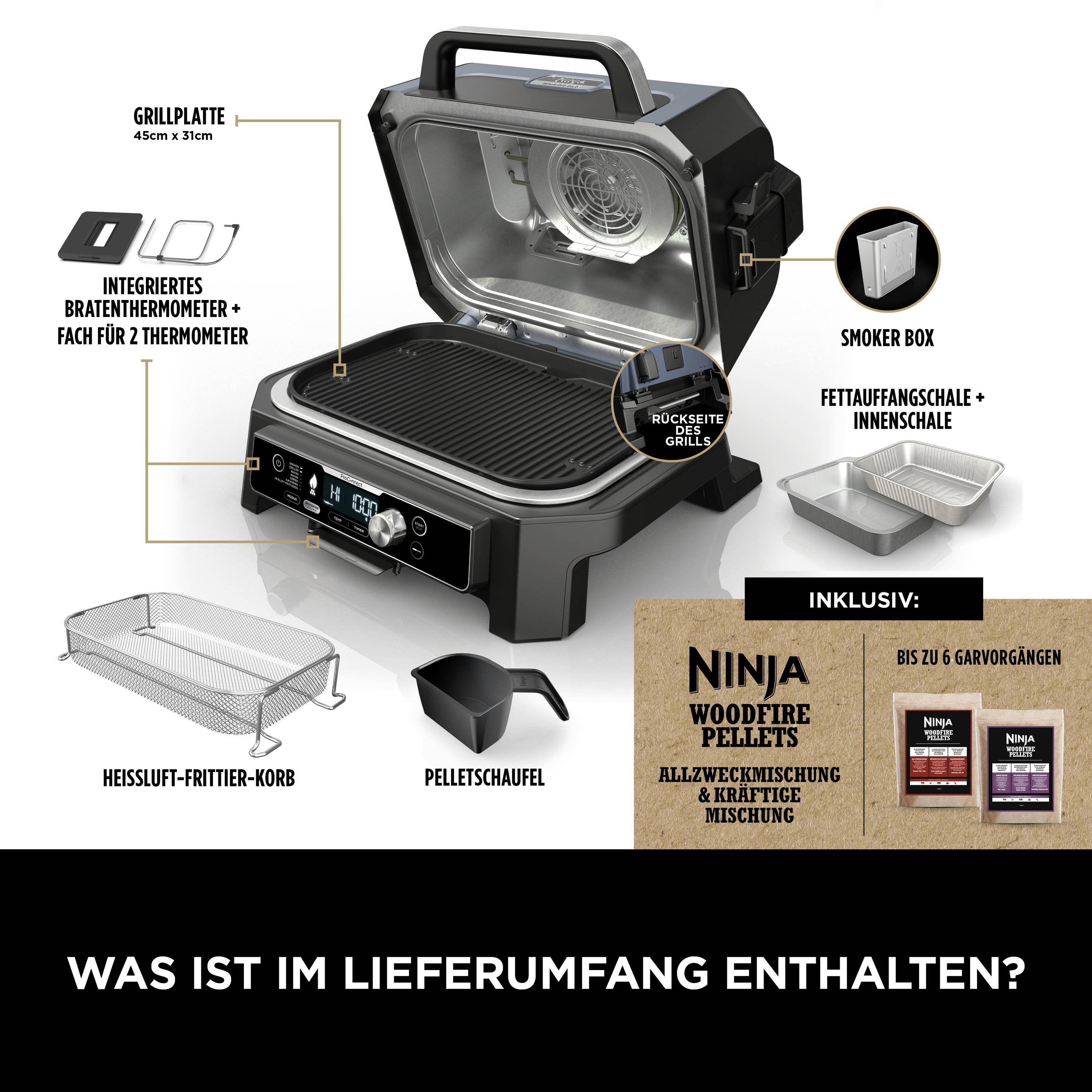 Ninja Woodfire Grill con accessori: Piastra per grigliare, Cestello per friggere ad aria calda, Paletta per pellet, Campione di pellet Woodfire, Scatola per affumicare.