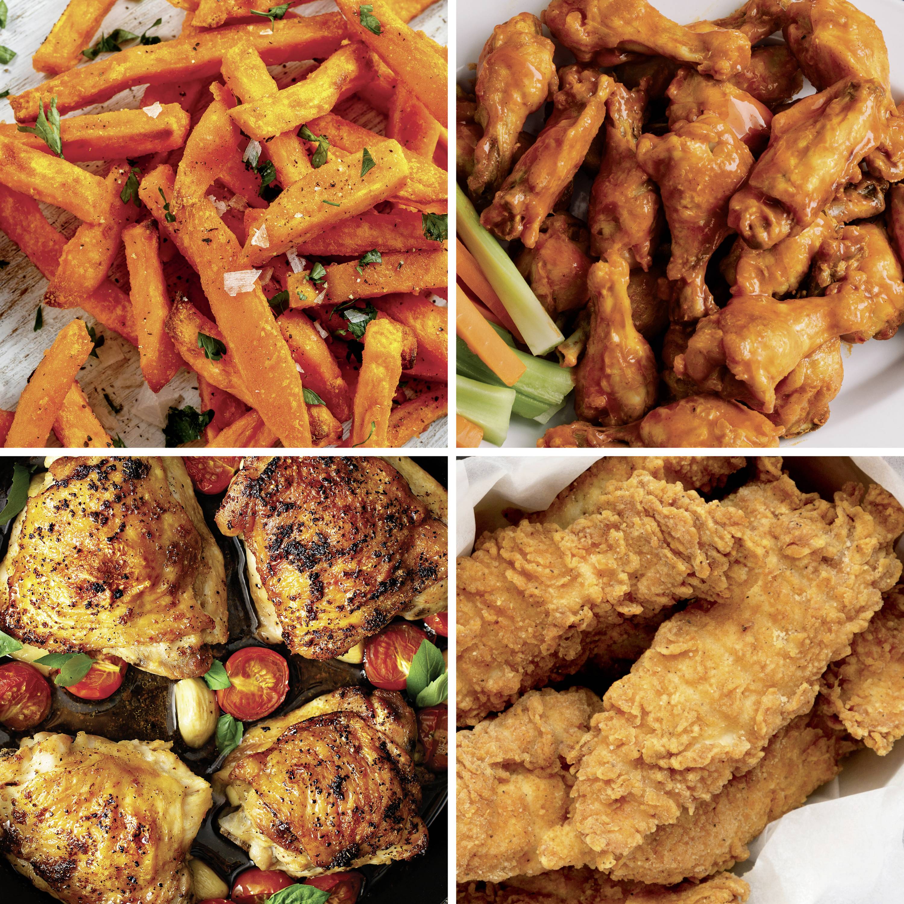 'Patatine dolci alle erbe, ali di pollo piccanti, cosce di pollo al forno con aglio e pomodori, pollo fritto croccante.'