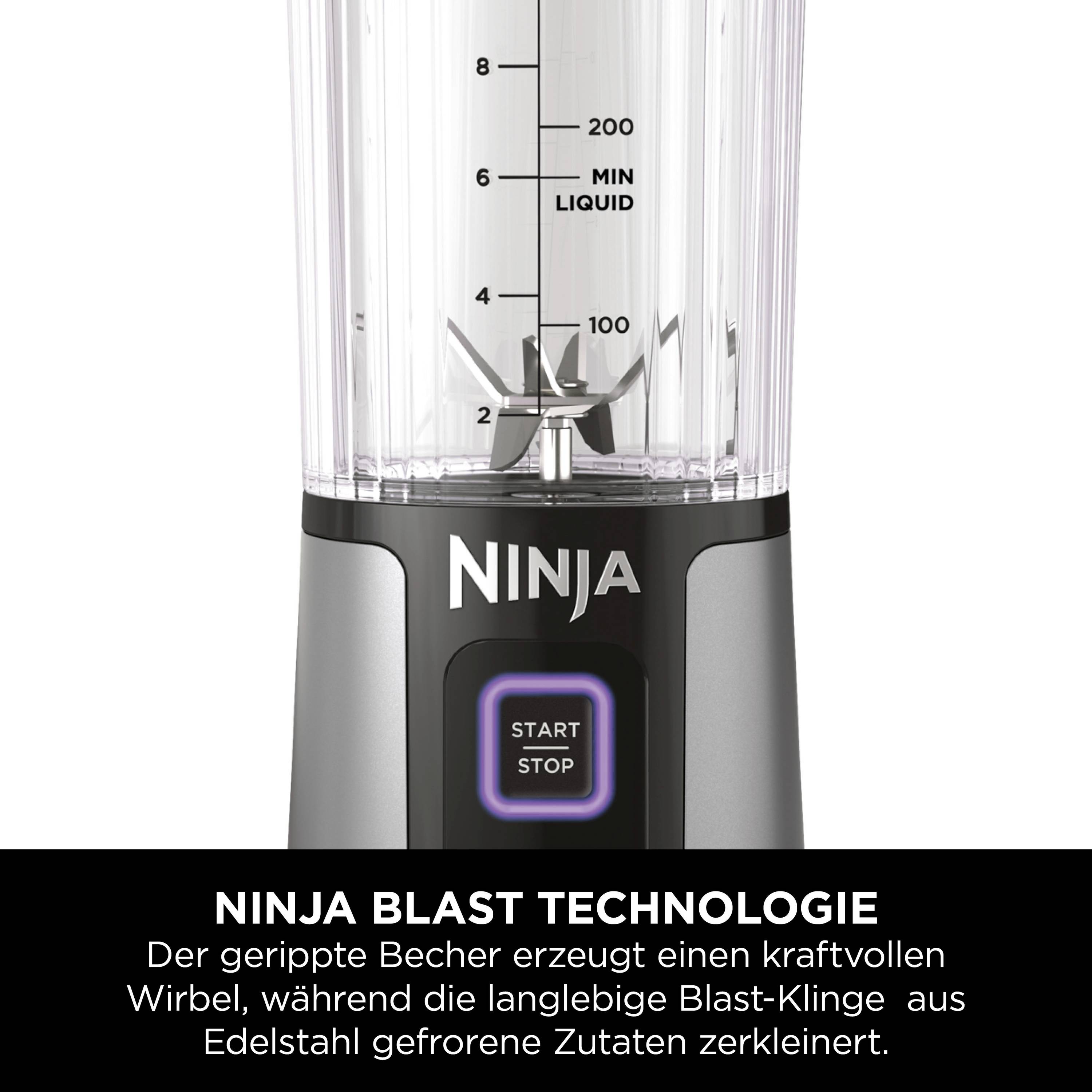 Un frullatore con la scritta 'Ninja'. Il testo sottostante spiega la 'Tecnologia Ninja Blast' per tritare ingredienti congelati.