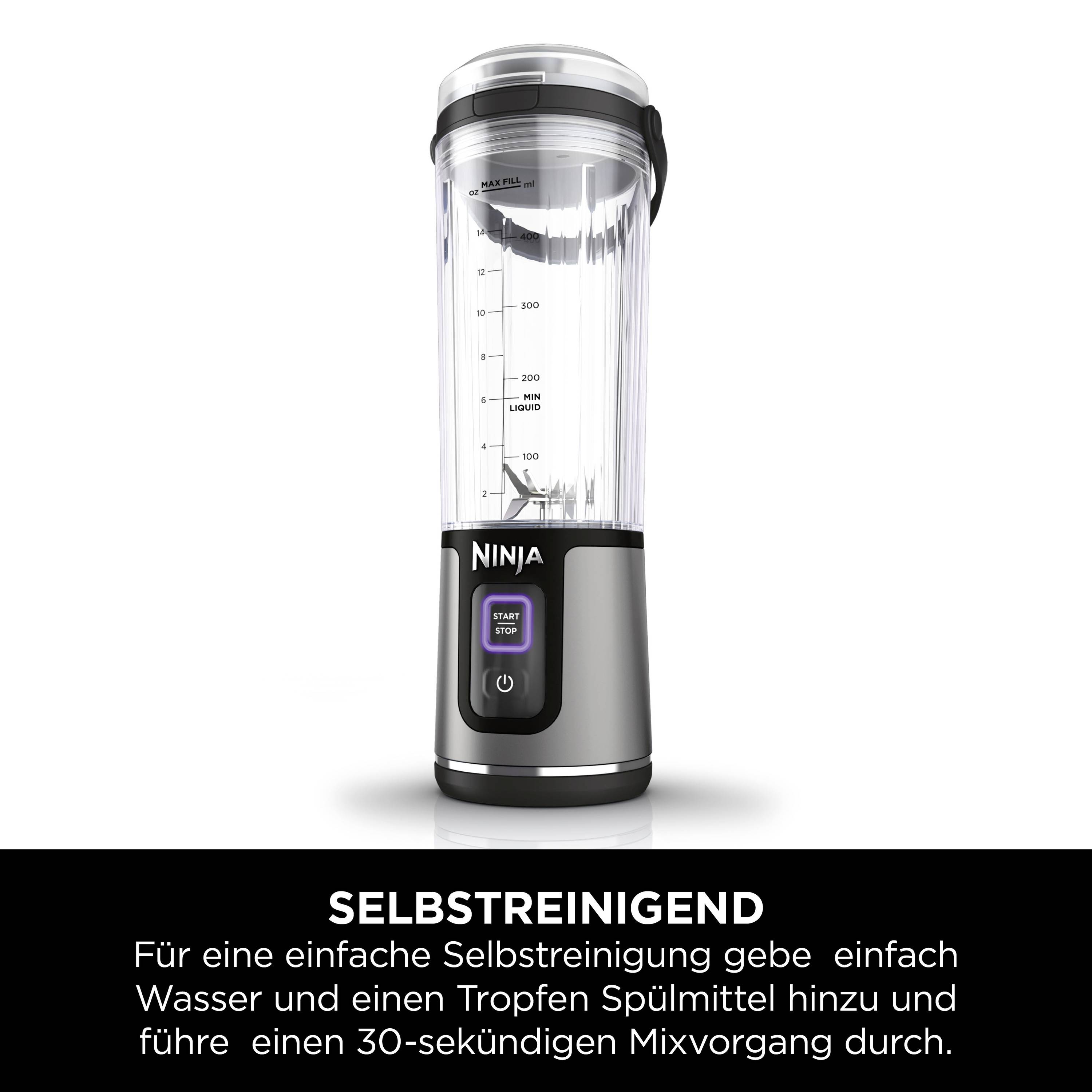 Un mixer compatto con l'etichetta 'Autopulente'. Istruzioni: aggiungere acqua e detersivo, frullare per 30 secondi.