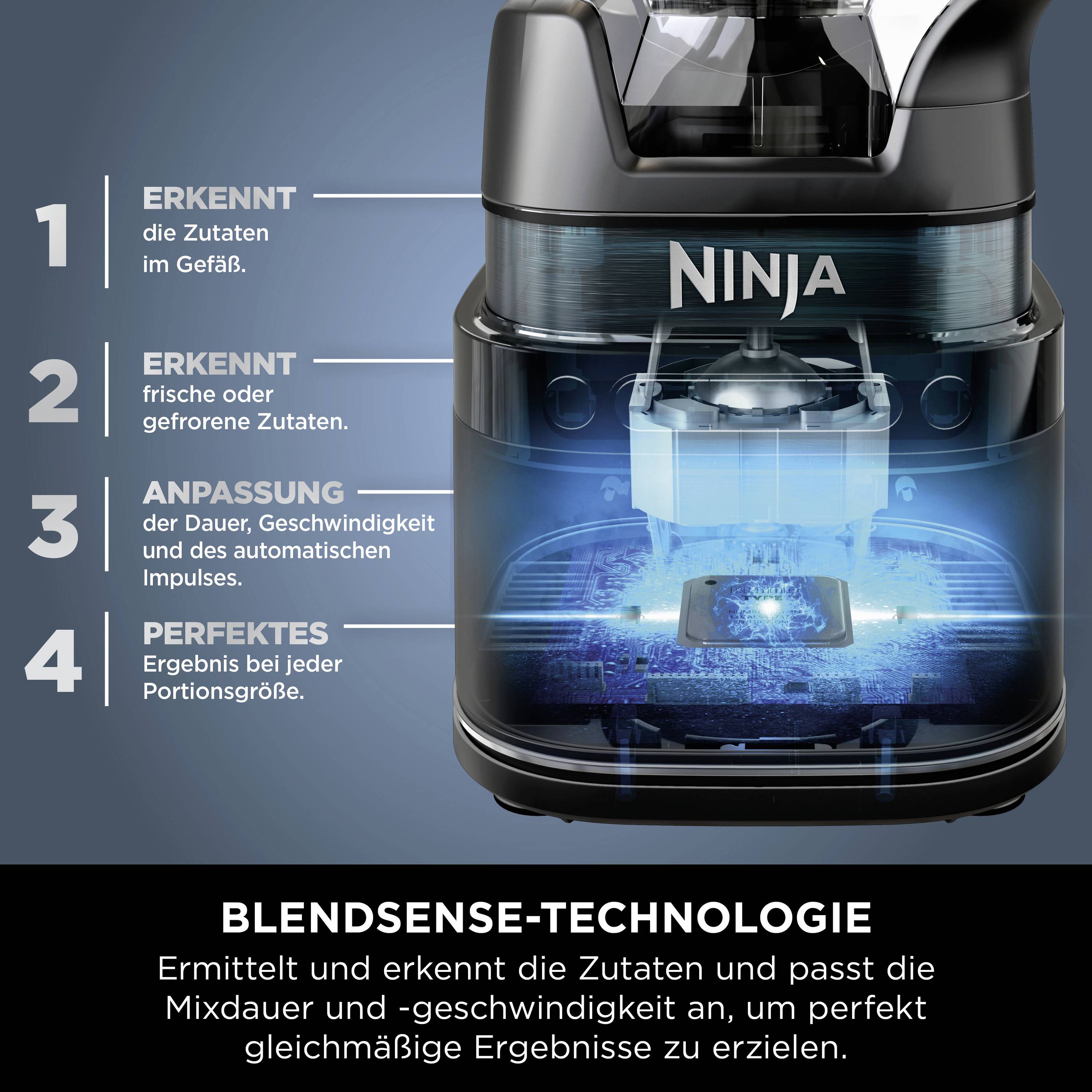 Frullatore 'Ninja' con tecnologia BlendSense, riconosce gli ingredienti e regola automaticamente durata e velocità del frullamento per risultati ottimali.