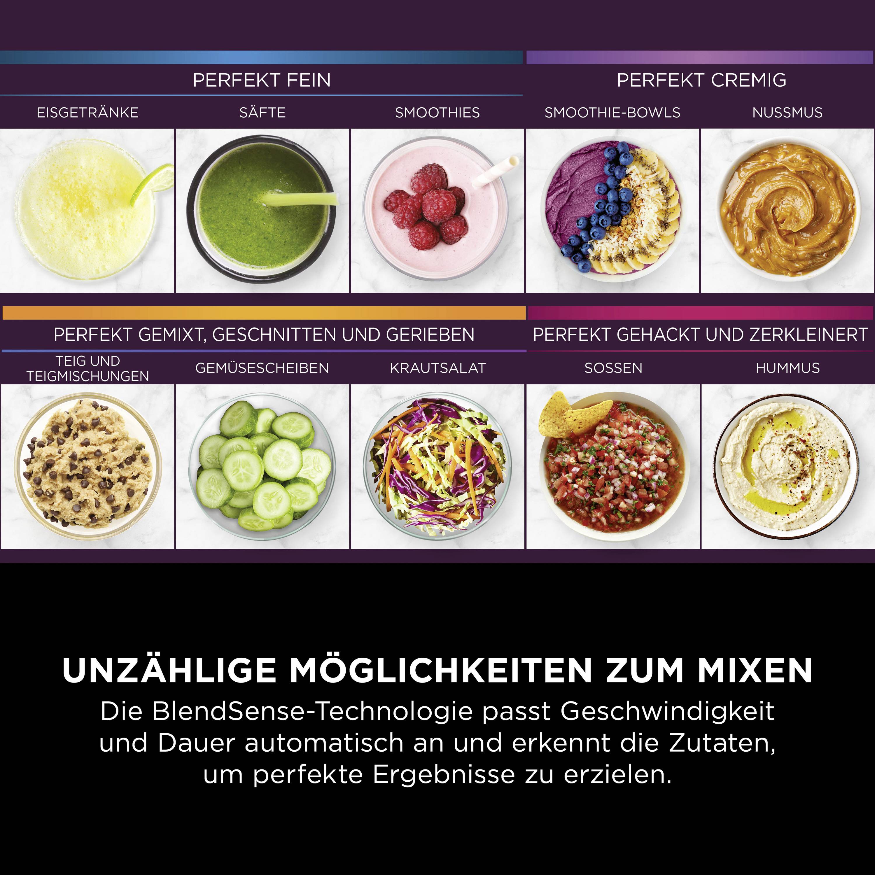 Il grafico mostra diversi drink e cibi che possono essere preparati con un frullatore, come smoothie, zuppe, succhi e hummus.