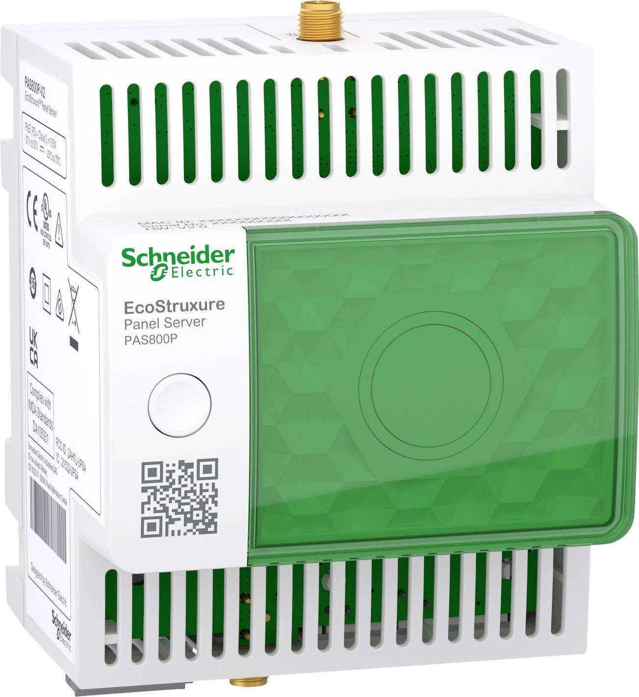 Dispositivo elettrico di Schneider Electric denominato 'EcoStruxure Panel Server PAS800P'. Bianco-grigio con elemento verde e codice QR.