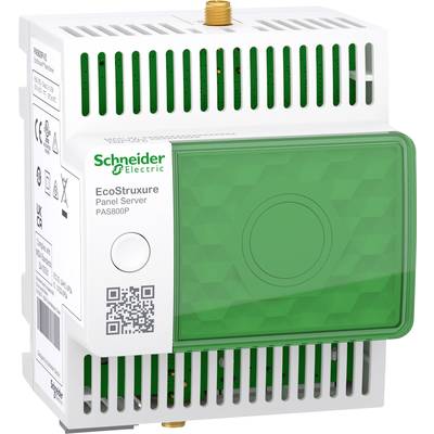 Dispositivo elettrico di Schneider Electric denominato 'EcoStruxure Panel Server PAS800P'. Bianco-grigio con elemento verde e codice QR.