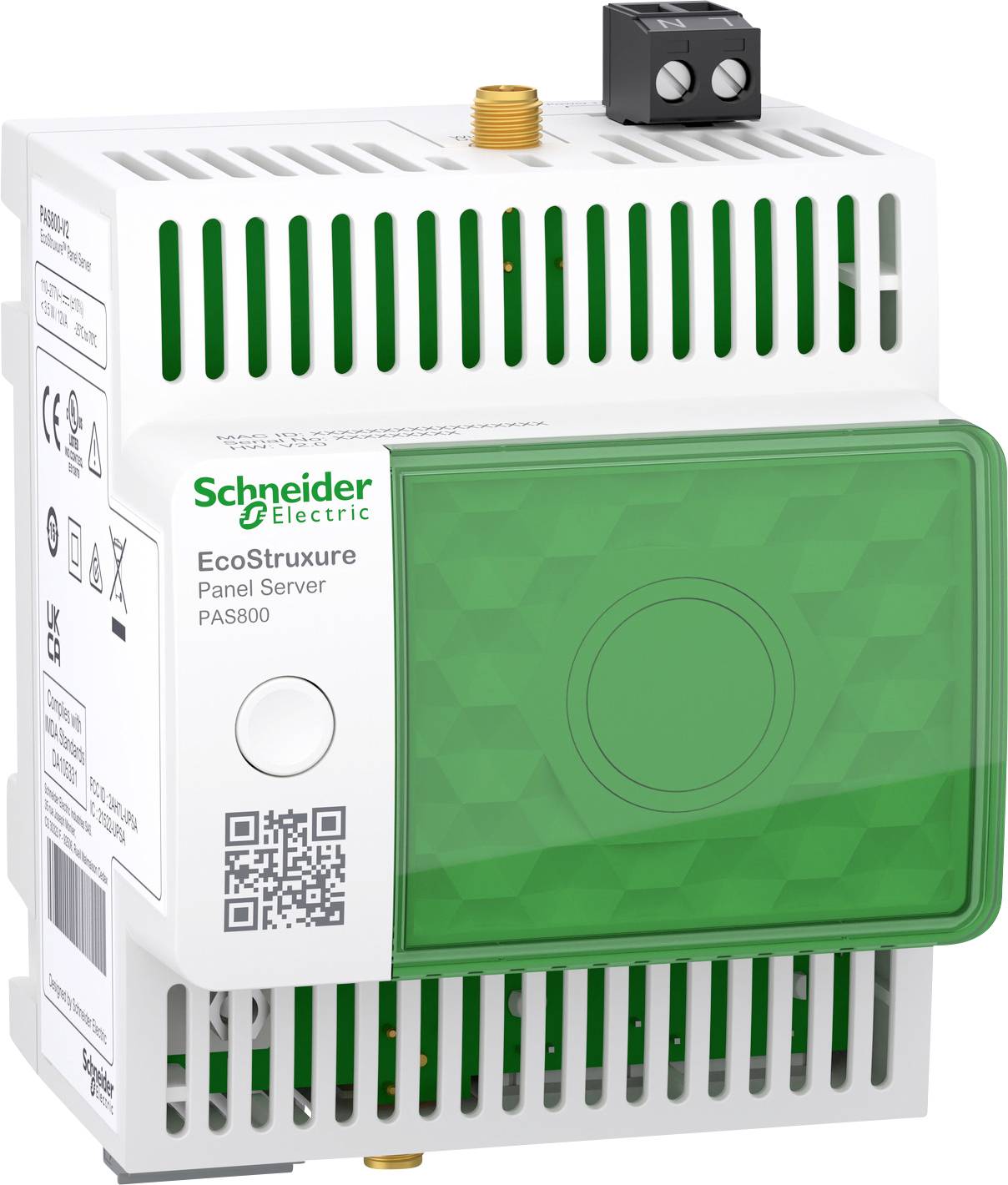 Un server di pannello EcoStruxure di Schneider Electric con pannello frontale verde e fessure di ventilazione, modello PAS800.