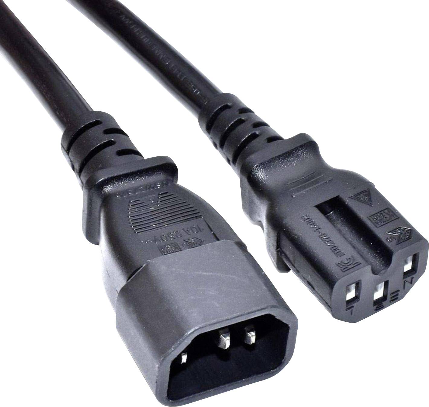 Un cavo di alimentazione con due connettori: a sinistra una spina IEC C13 a tre poli, a destra il corrispondente raccordo.