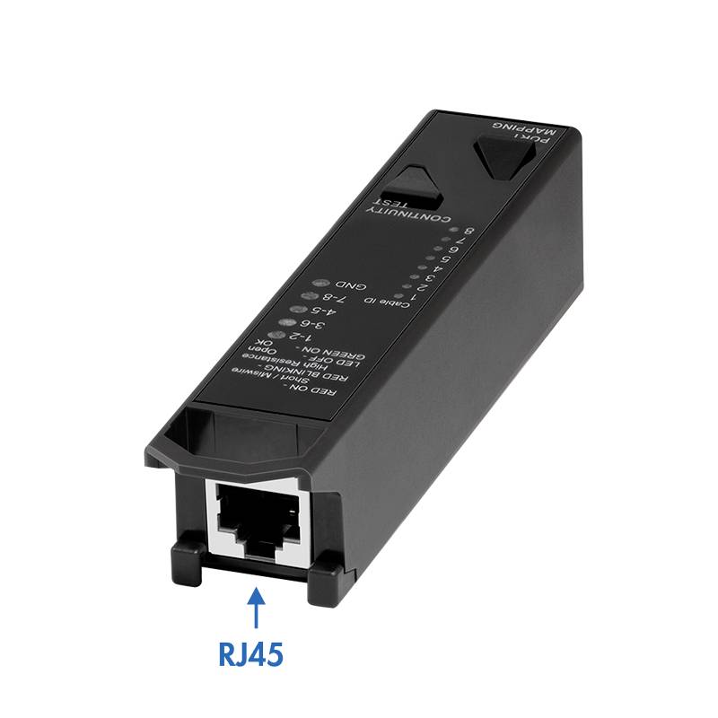 Un tester per cavi di rete con connettore RJ45, indicatori LED e tasti funzione per diagnosticare connessioni di cavi Ethernet.