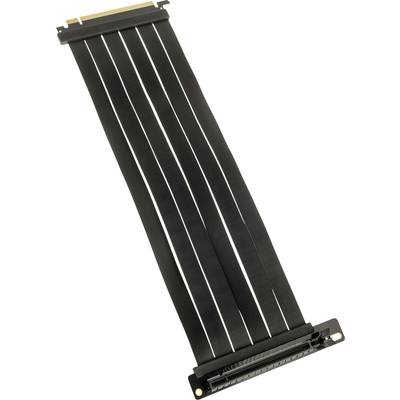 Un cavo riser PCIe nero e piatto per collegare componenti del computer, ad esempio scheda grafica e scheda madre, ruotato di 90 gradi.