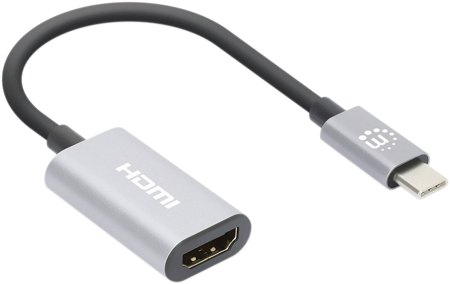 Un adattatore da HDMI a USB-C con cavo nero e connettori argentati, idoneo per collegare dispositivi HDMI con porte USB-C.