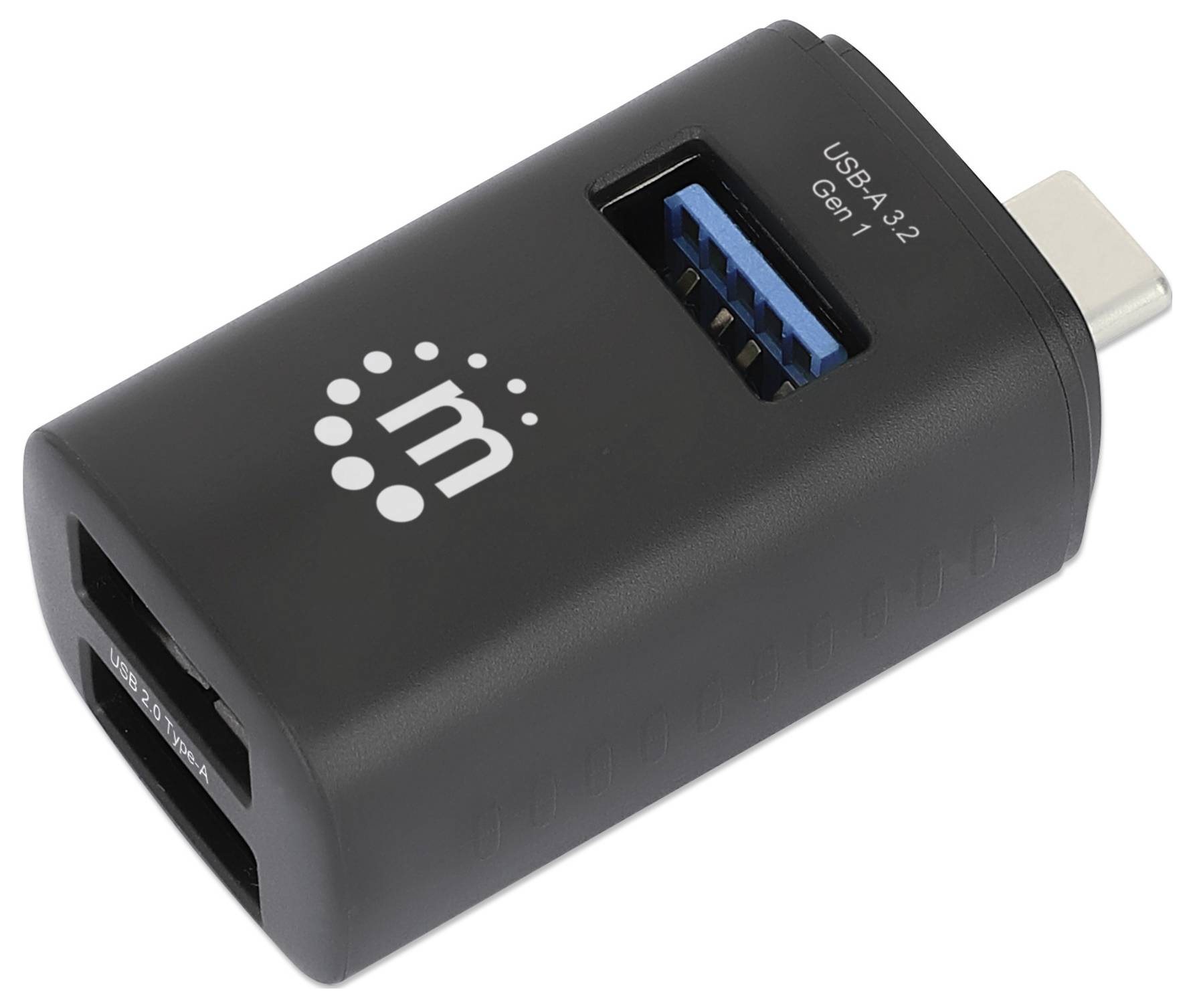Adattatore USB-C con porte USB-A 3.2 e USB-C in colore nero.