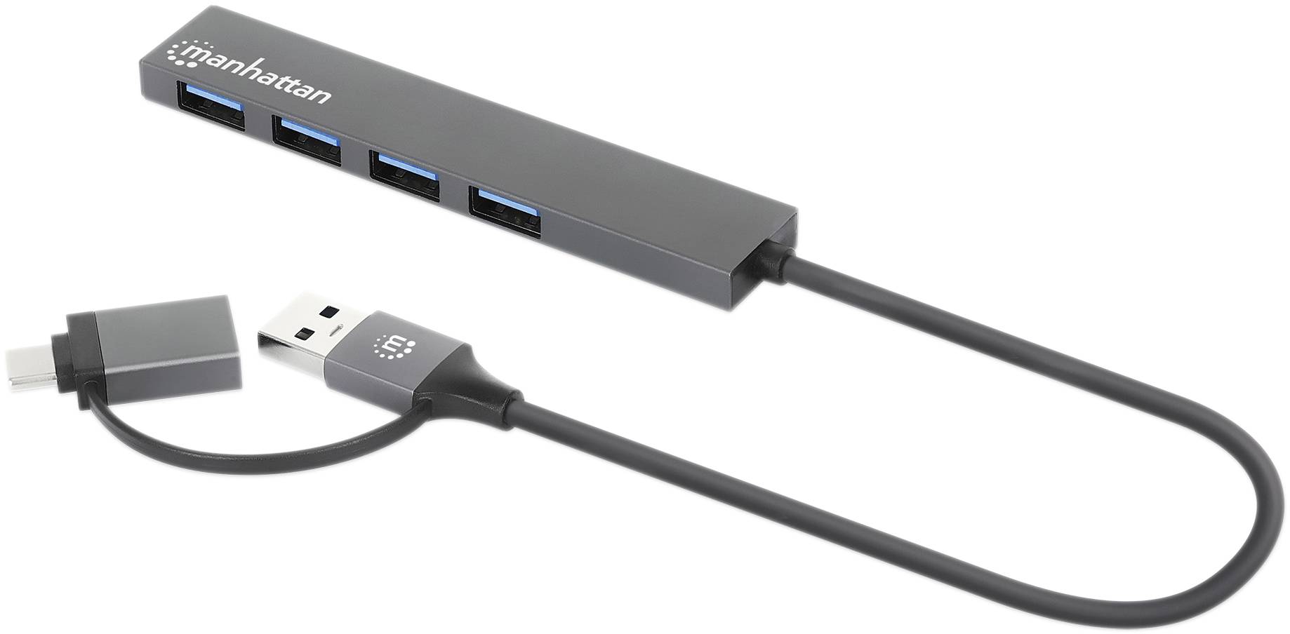 Un hub USB a quattro porte con cavo integrato, contrassegnato 'Manhattan', idoneo per collegare più dispositivi USB.