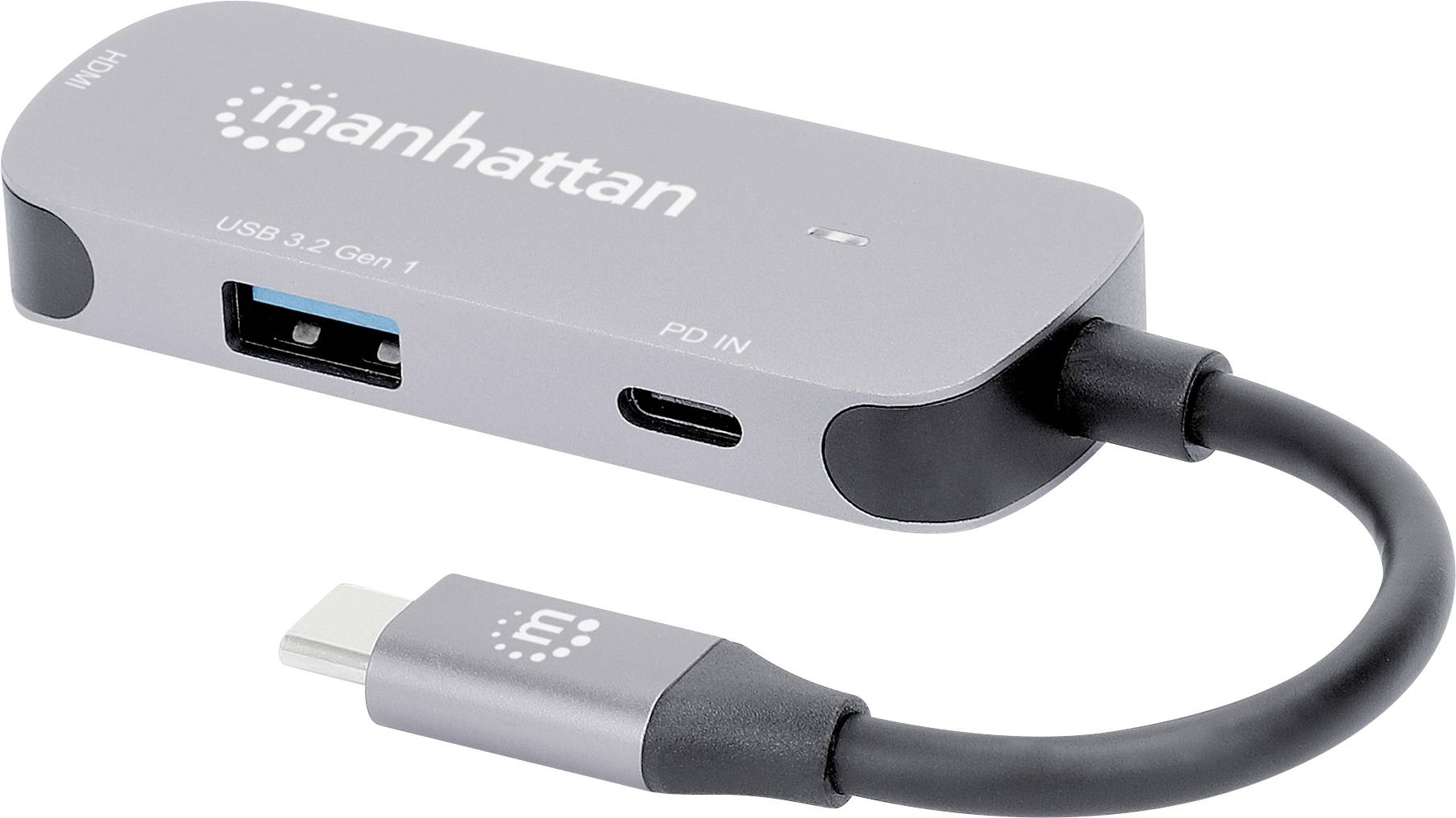 Un hub USB-C grigio di Manhattan con più porte, tra cui USB 3.2 e PD IN, collegato tramite un cavo.