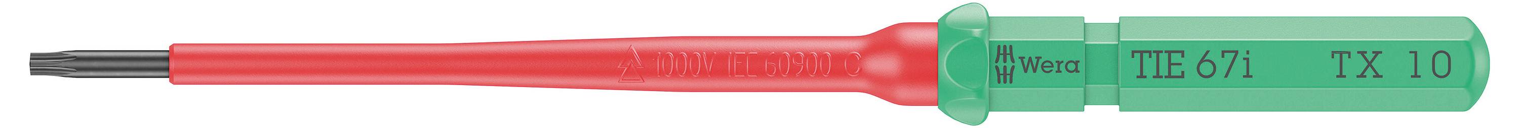 Cacciavite reversibile con impugnatura rossa e inserto verde, contrassegnato con 'Wera', '851', 'TX 10'.